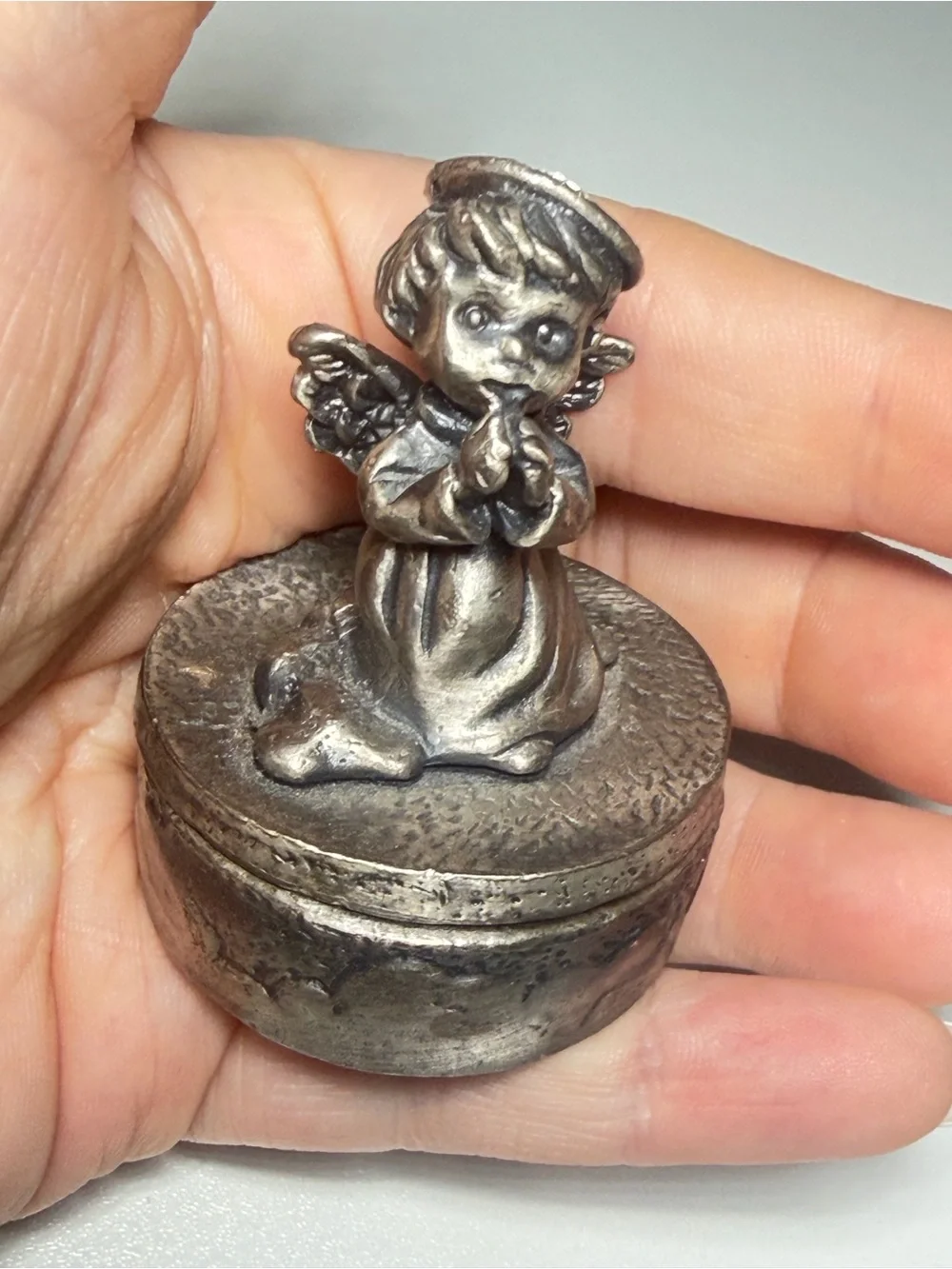 Pewter Tooth Fairy Angel Trinket Box Rhinestone Halo Vintage